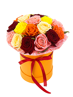 Букет из разноцветных роз в шляпной коробке «Танцплощадка»
