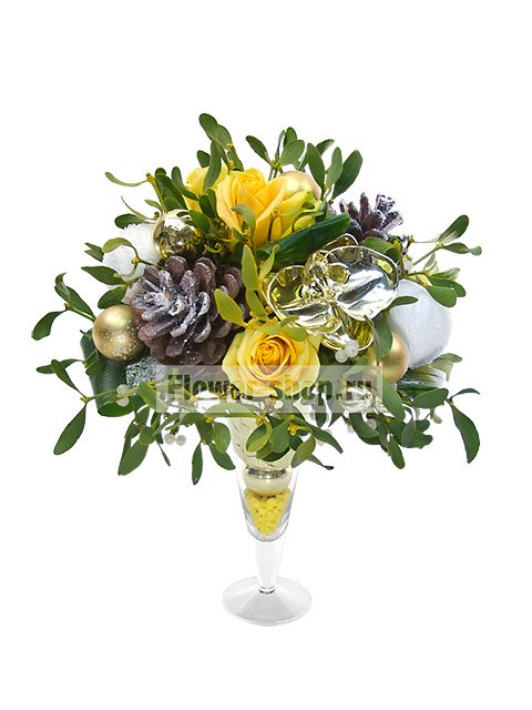 Новогодняя композиция с розами и омелой в вазе «Бокал игристого»