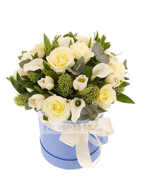 Букет из роз и тюльпанов в шляпной коробке «Утонченность»