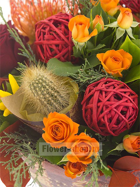Мужской букет с розами, кактусами и декоративными перчиками «Гуакамоле»