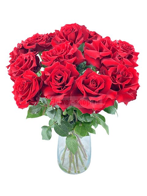 15 пышных бордовых роз в вазе