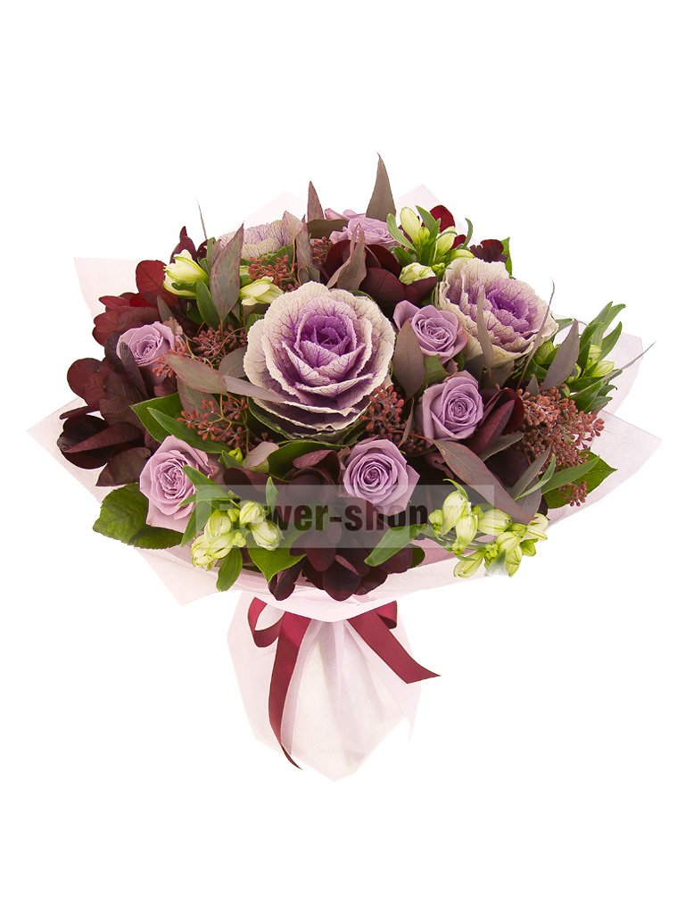 Букет из роз с брассикой «Пурпурный горизонт»