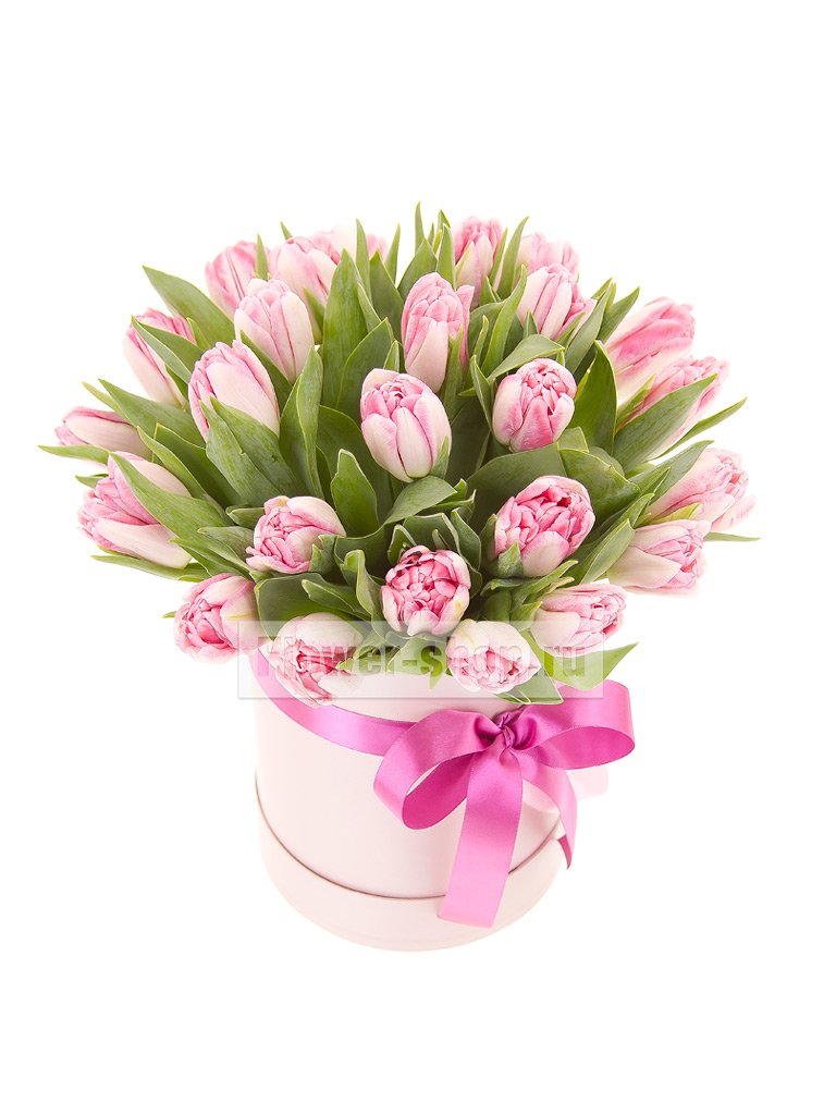 25 розовых тюльпанов в шляпной коробке