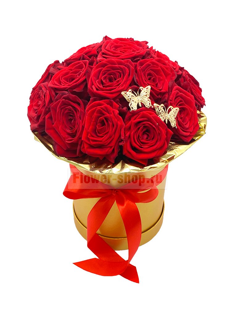 Букет из бордовых роз в шляпной коробке «Золотой слиток»