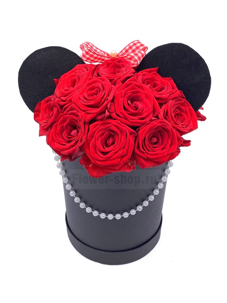 Букет из роз в шляпной коробке «Ушки Минни Маус»