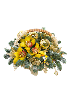 Новогодняя корзина с еловыми ветками и орхидеями «Брызги шампанского»