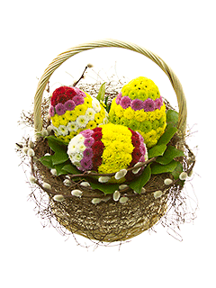 Композиция из хризантем и вербы «Пасхальные яйца»