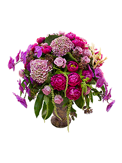 Композиция в вазе из роз, пионов, орхидей и гортензий «Сад Семирамиды»