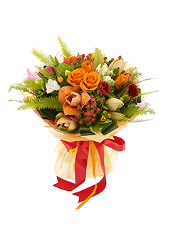 Букет из роз и экзотических цветов «Янтарный вечер»