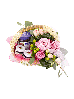 Корзина из роз и лизиантусов с вареньем «Цветы и джем»