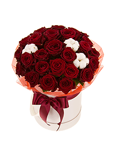 31 бордовая роза с хлопком в шляпной коробке