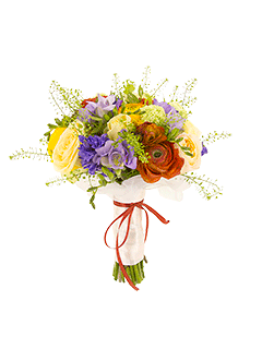 Букет невесты открытый из ранункулюсов, роз и фрезий №1