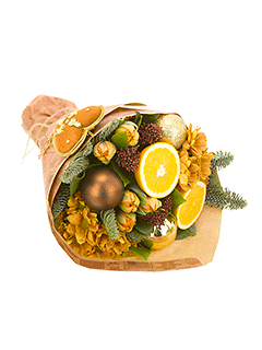 Букет с хризантемами и еловыми ветками «Апельсиновый раф»