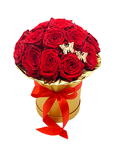 Букет из бордовых роз в шляпной коробке «Золотой слиток»