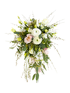 Букет невесты каскадный из ранункулюсов, роз и фрезий №41
