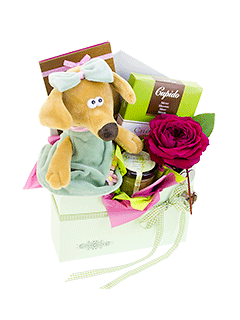 Композиция из роз с мягкой игрушкой и сладостями «Твой день!»