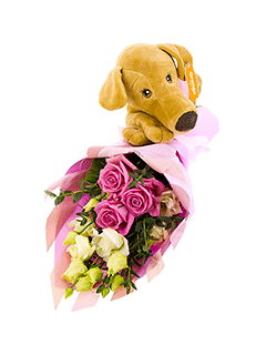 Букет из роз и лизиантусов с плюшевой собачкой «Подруга»