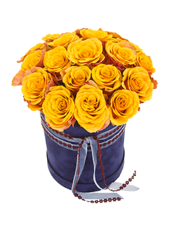 19 желто-красных роз в шляпной коробке