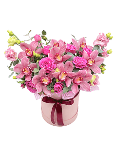 Композиция из орхидей и роз в шляпной коробке «Токио»