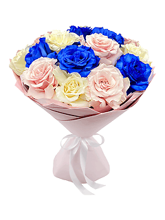 Букет из 15 пышных разноцветных роз