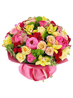 Букет из роз, пионов и орхидей «Тропический рассвет»