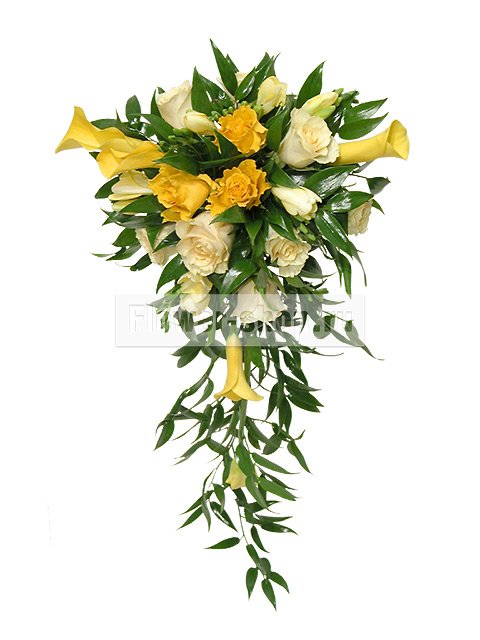 Букет невесты каскадный из роз, фрезий и калл №8