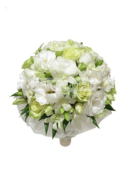 Букет невесты круглый из роз, эустом и орхидей №35