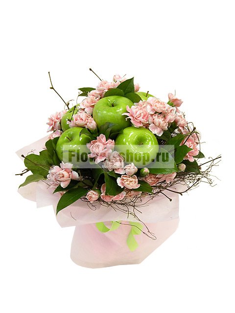 Букет из кустовых гвоздик с яблоками «Яблони в цвету»