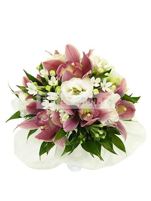 Букет невесты круглый из орхидей и эустом №41