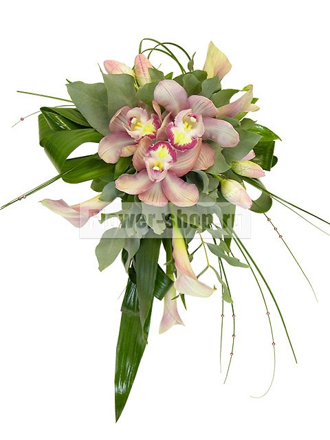 Букет невесты каскадный из орхидей, тюльпанов и калл №16