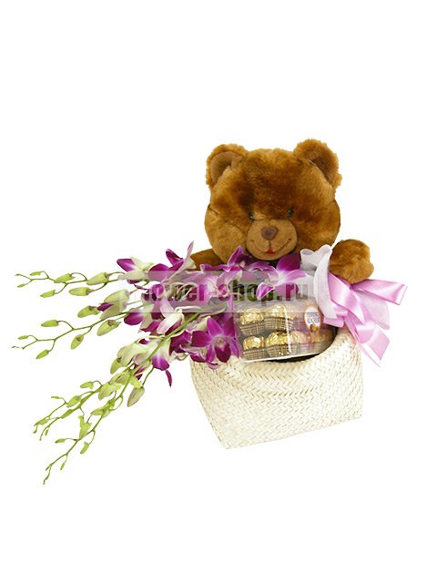 Композиция с игрушкой и орхидеями «Плюшевый мишка с подарками»