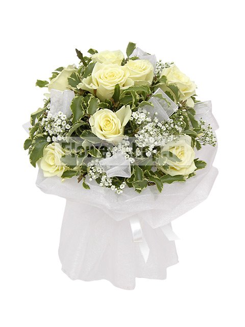 Букет невесты круглый из роз и гипсофилы №73