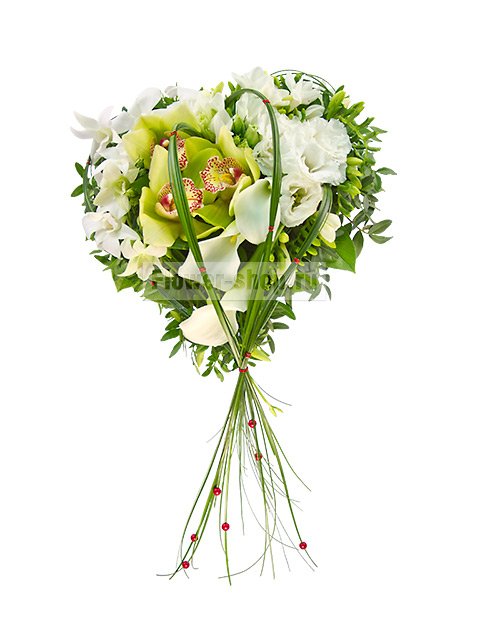 Букет невесты из орхидей, фрезий и эустом «Сердце»
