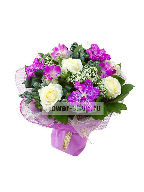 Новогодний букет из роз и орхидей «Полярная звезда»