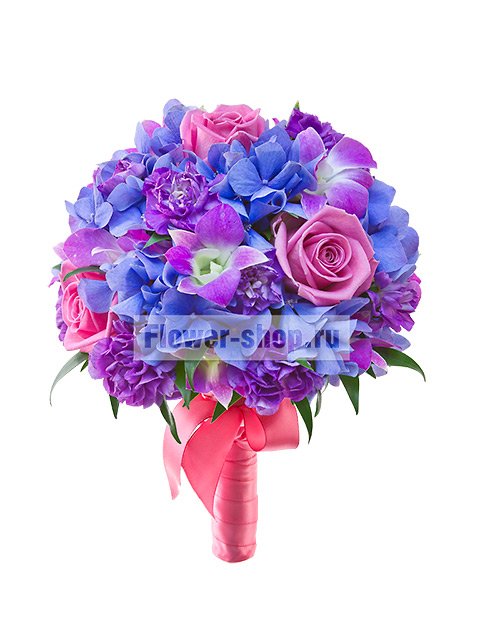 Букет невесты круглый из гортензии, роз и орхидей №84