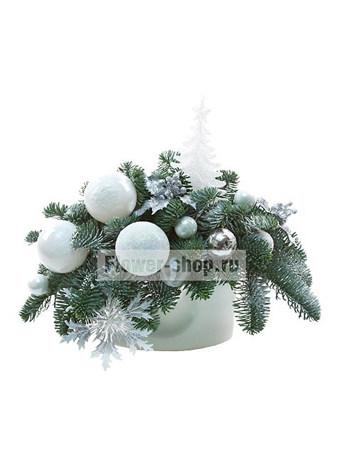 Новогодняя композиция в керамической вазе с еловыми ветками «Заснеженный лес»