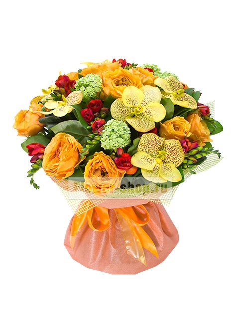 Букет из желтых пионовидных роз и орхидей «Звездный час»