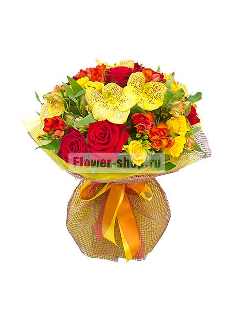 Букет из орхидей, роз и фрезий «Золотая гавань»