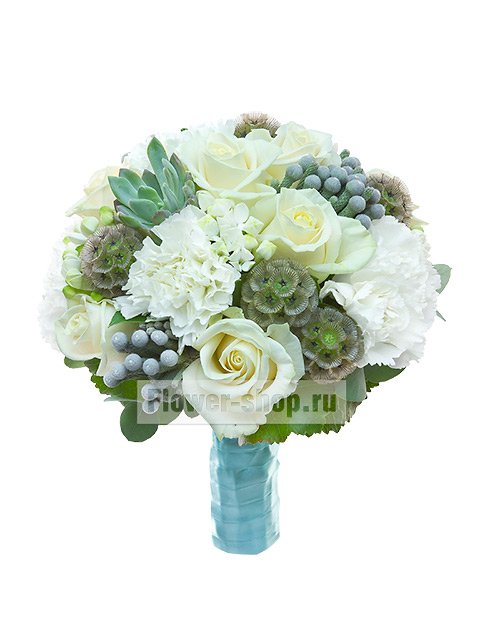 Букет невесты открытый из роз, гвоздик и боувардии №101