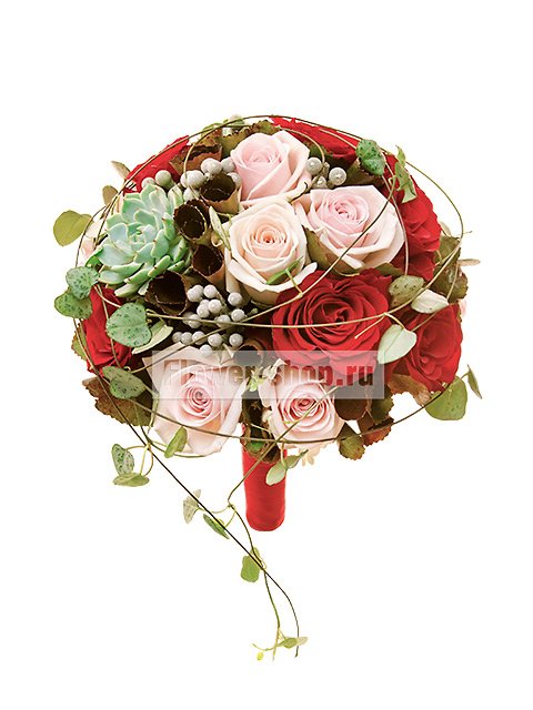 Букет невесты круглый из роз с суккулентом №102