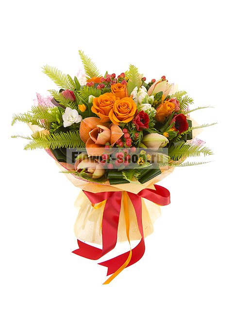 Букет из роз и экзотических цветов «Янтарный вечер»
