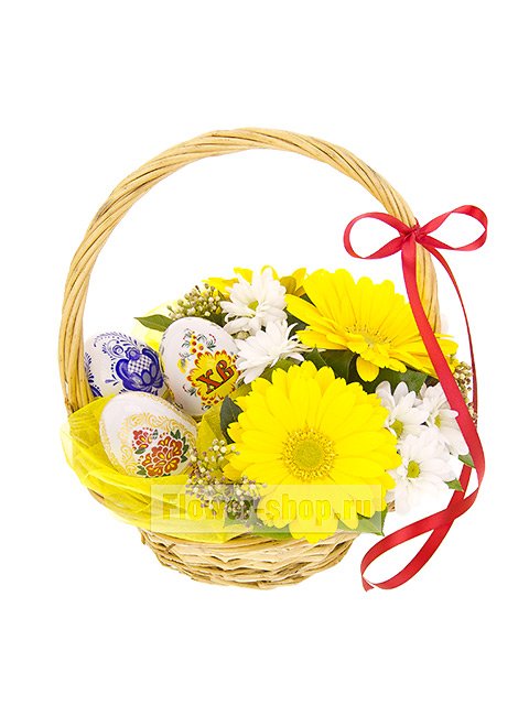 Корзина с герберами и пасхальными яйцами «Светлый праздник»