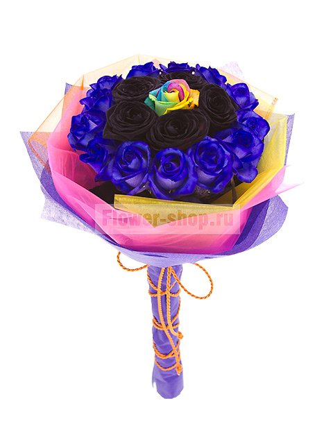 Букет из черных, синих и радужных роз «Транс»