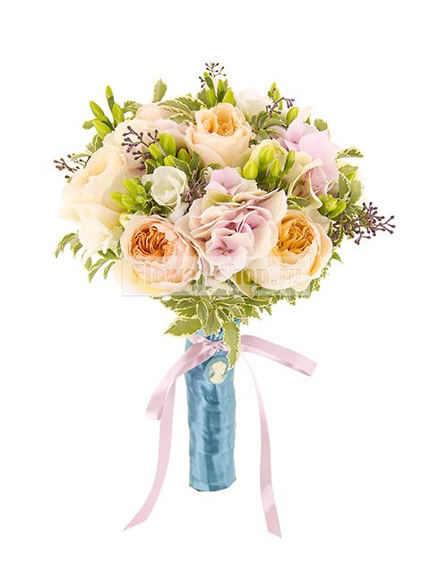 Букет невесты открытый из роз, фрезий и гортензий №147