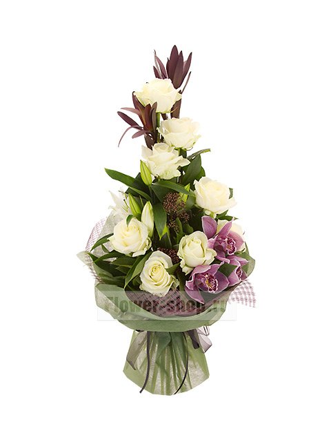 Траурный букет из роз, орхидей и лилий №12