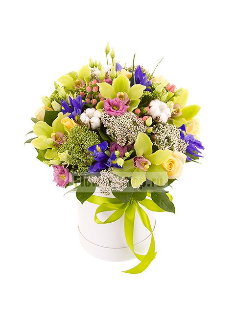 Букет из роз, орхидей и лизиантусов в шляпной коробке «Радость бытия»