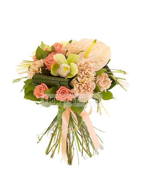 Букет с гвоздиками, розами и орхидеей «Фламбе»