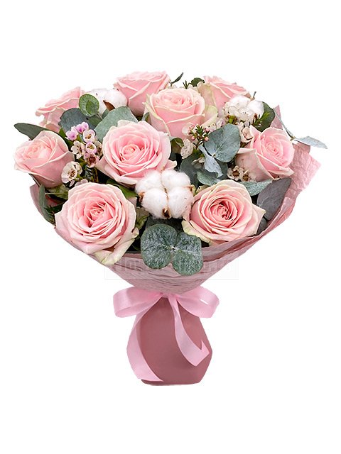 Букет с розами и хлопком «Душечка» - купить сегодня по цене 5290 руб. с  бесплатной доставкой в Москве