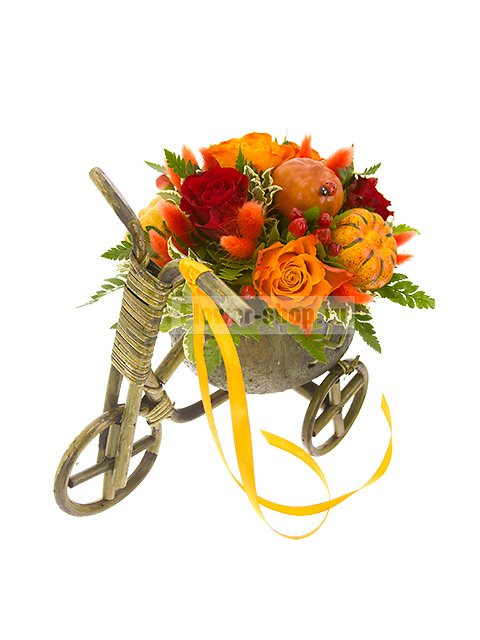 Композиция из роз, сухоцветов и ягод «Велосипед»
