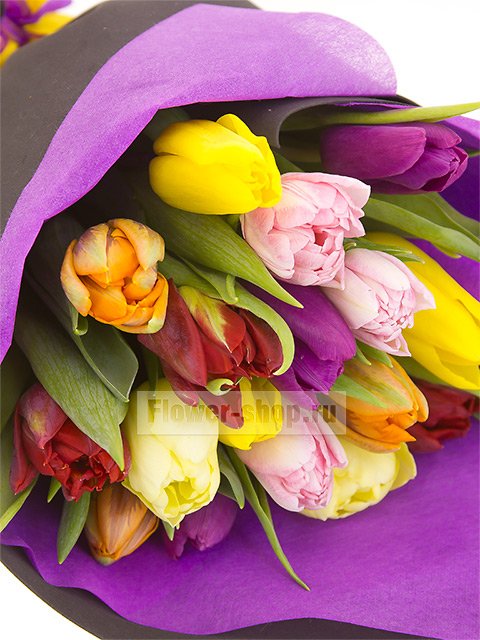 Букет из 17 разноцветных тюльпанов